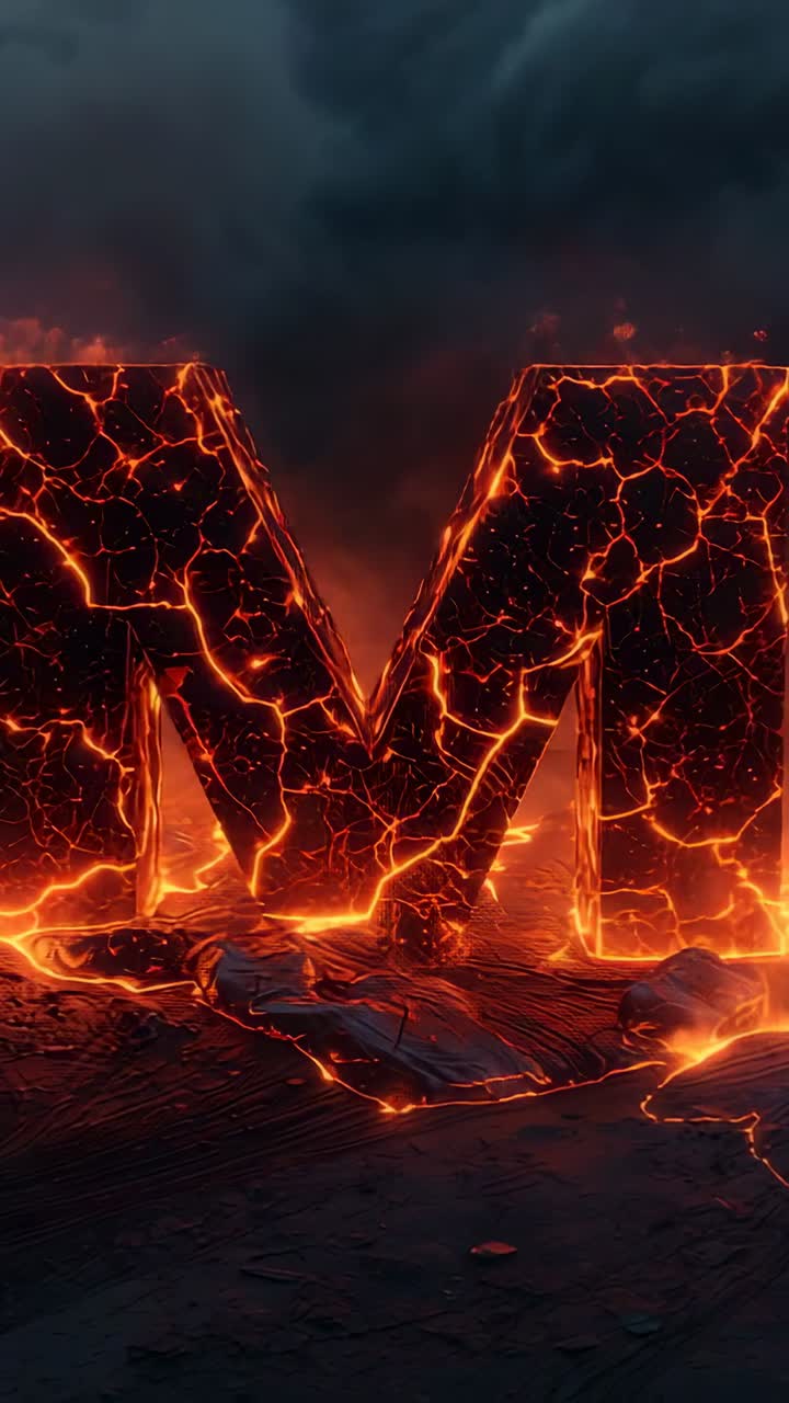 Vertical video: Starting over volcanic plain, pulsing giant letter M glowing with lava streams