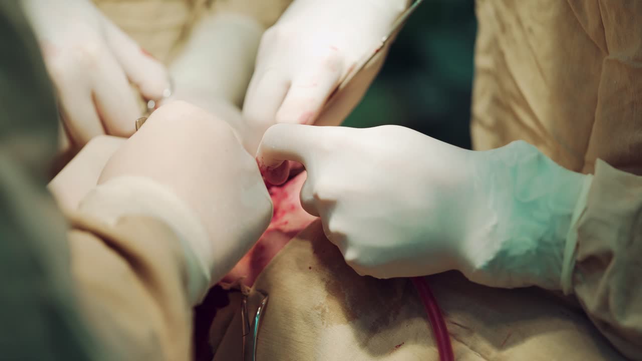 Hands of surgeons perform an operation on a man's face in the hospital. Close-up.