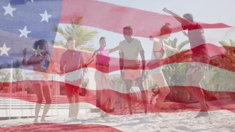 animation of waving flag of america over happy diverse friends dancing on sunny beach