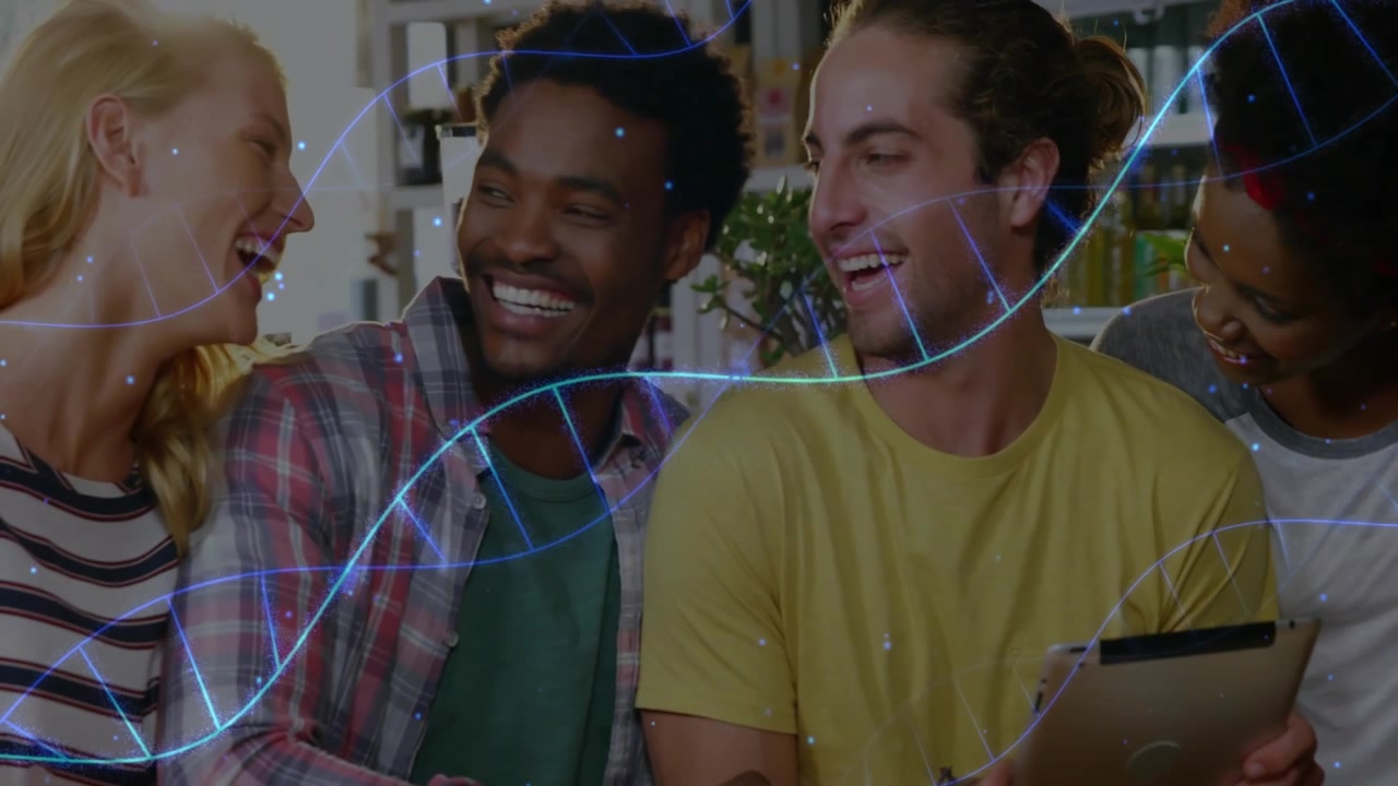 Friends laughing in cafe during chat, swirling blue purple tech overlay forming helix around tablet