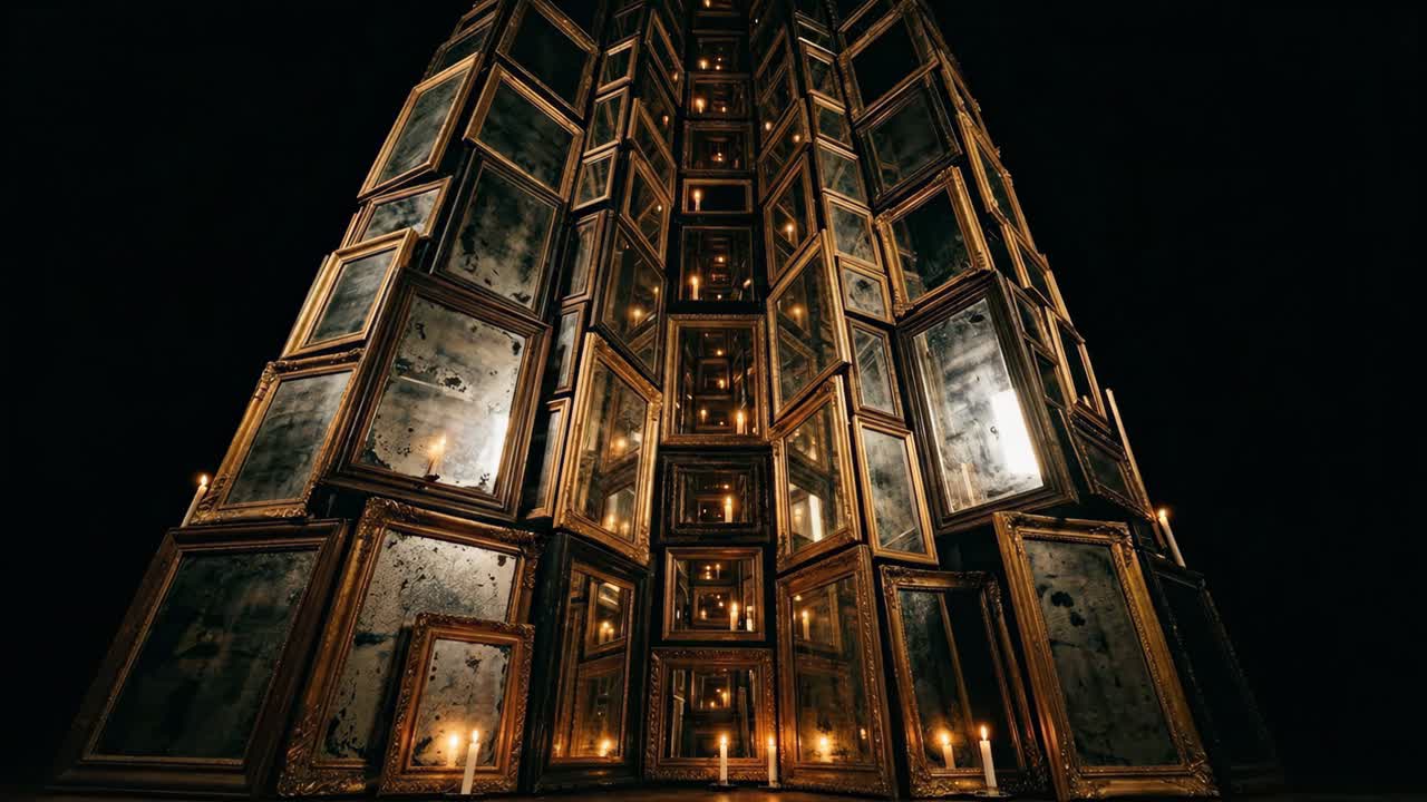 Specchi antichi decorati che riflettono la luce delle candele in una stanza buia