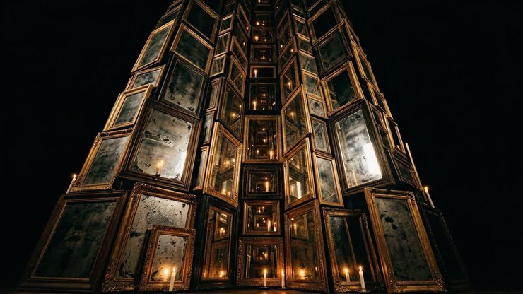 Specchi antichi decorati che riflettono la luce delle candele in una stanza buia