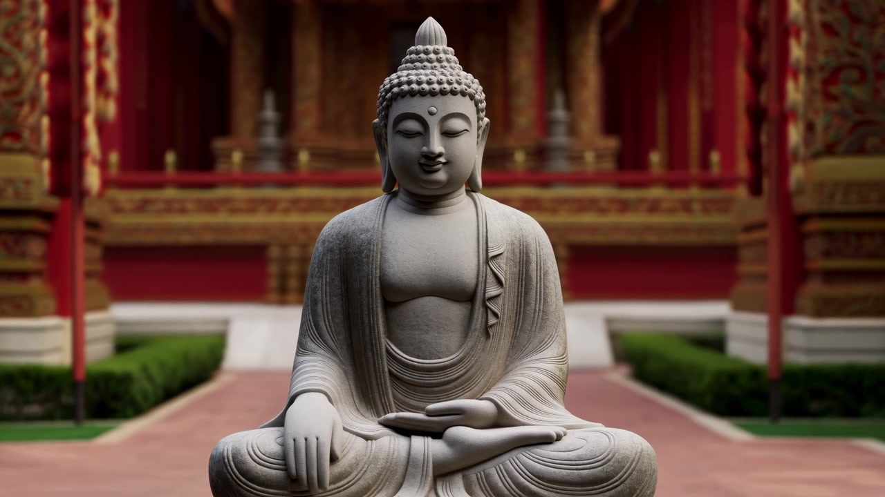 Statua di Buddha in pietra seduta nel cortile di un tempio, con sfondo di santuario rosso ornato e architettura simmetrica, primo piano