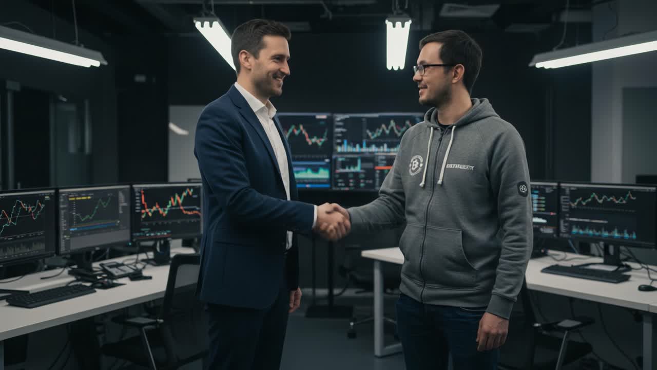 Professional Exchange Between Two Individuals in a Modern Finance Workspace Showcasing Advanced Trading Technology and Financial Data Analytics