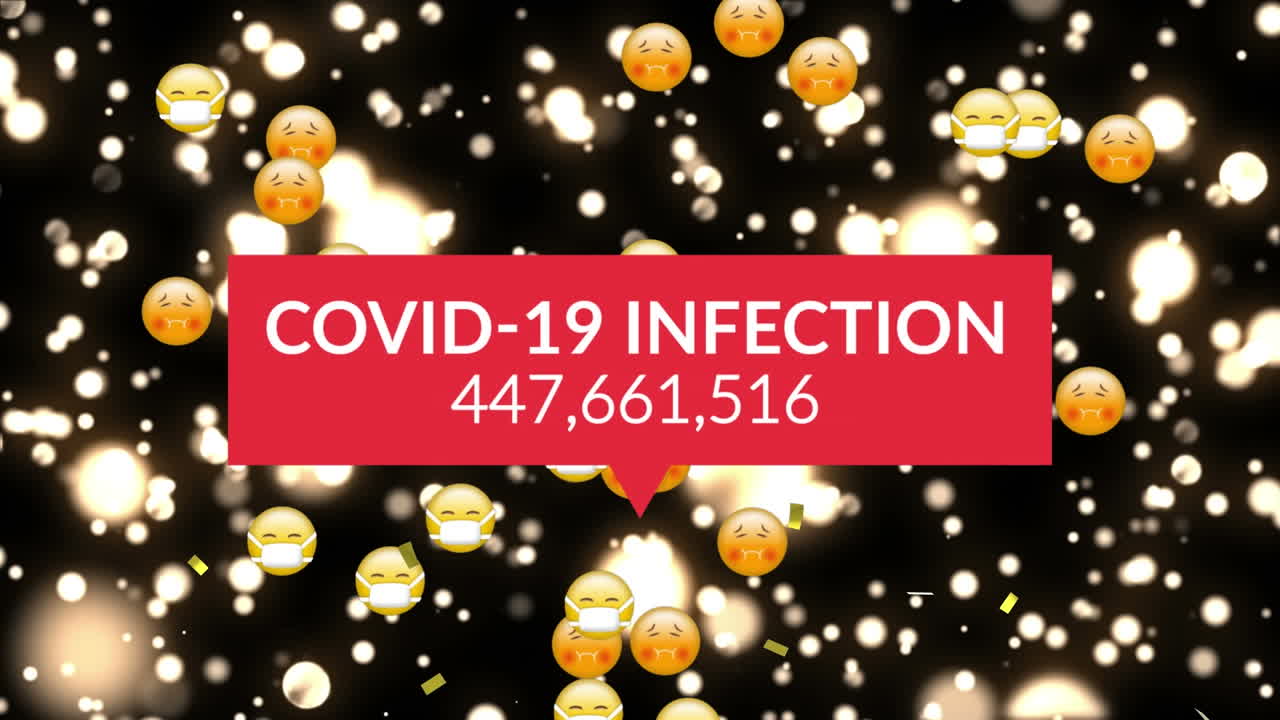 animación del texto de la infección por covid 19, con un número creciente, luces de confeti doradas y emojis en negro