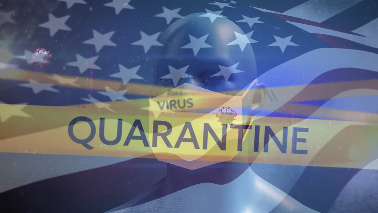 노란색 경찰 테이프와 얼굴 마스크를 착용한 인간 머리 모델이 우리를 향해 발을 흔들고 있습니다.