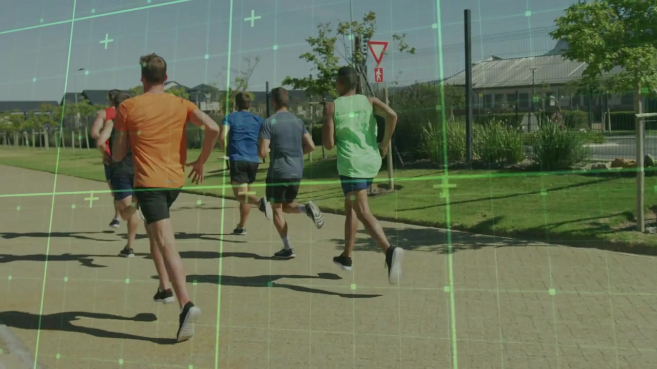 Group of six male runners starting fitness run on promenade, running through tilting green grid