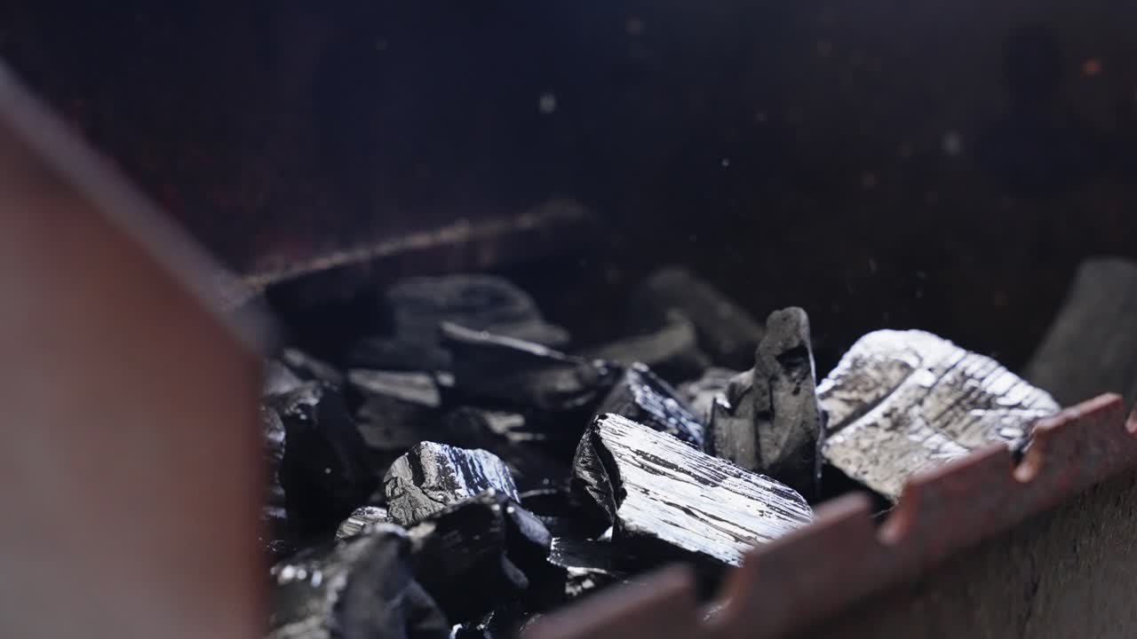 Charcoal briquettes being doused with flammable liquid before lighting