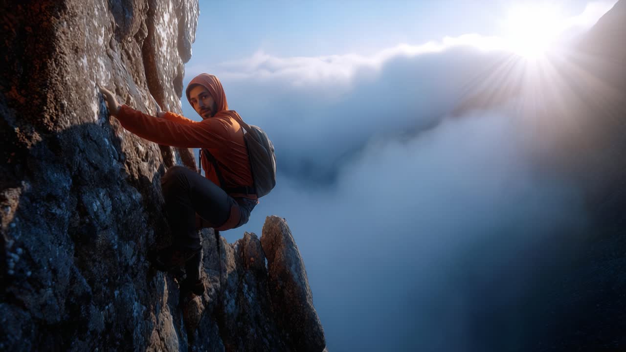 A daring climber ascends a steep rock face under a bright sun, surrounded by clouds and breathtaking mountain scenery in this stunning adventure photo