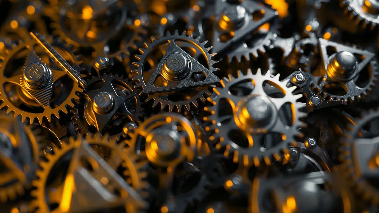 Light appearing and initiating metal gears and cogs rotating inside housing, revealing textures