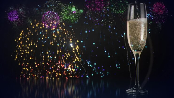 Animazione di un bicchiere di champagne e fuochi d'artificio
