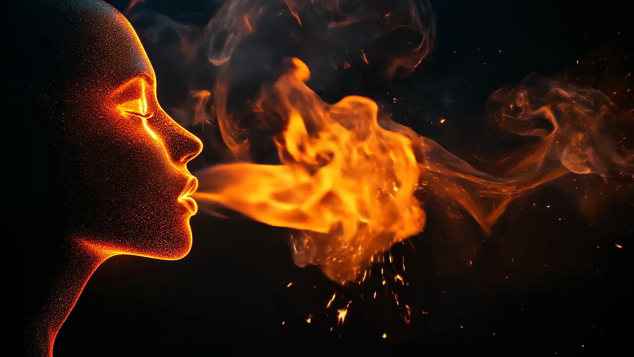 Flames breathed by woman in dark. A woman exhaling bright flames creates a stunning visual effect in a dimly lit environment, showcasing fire and light