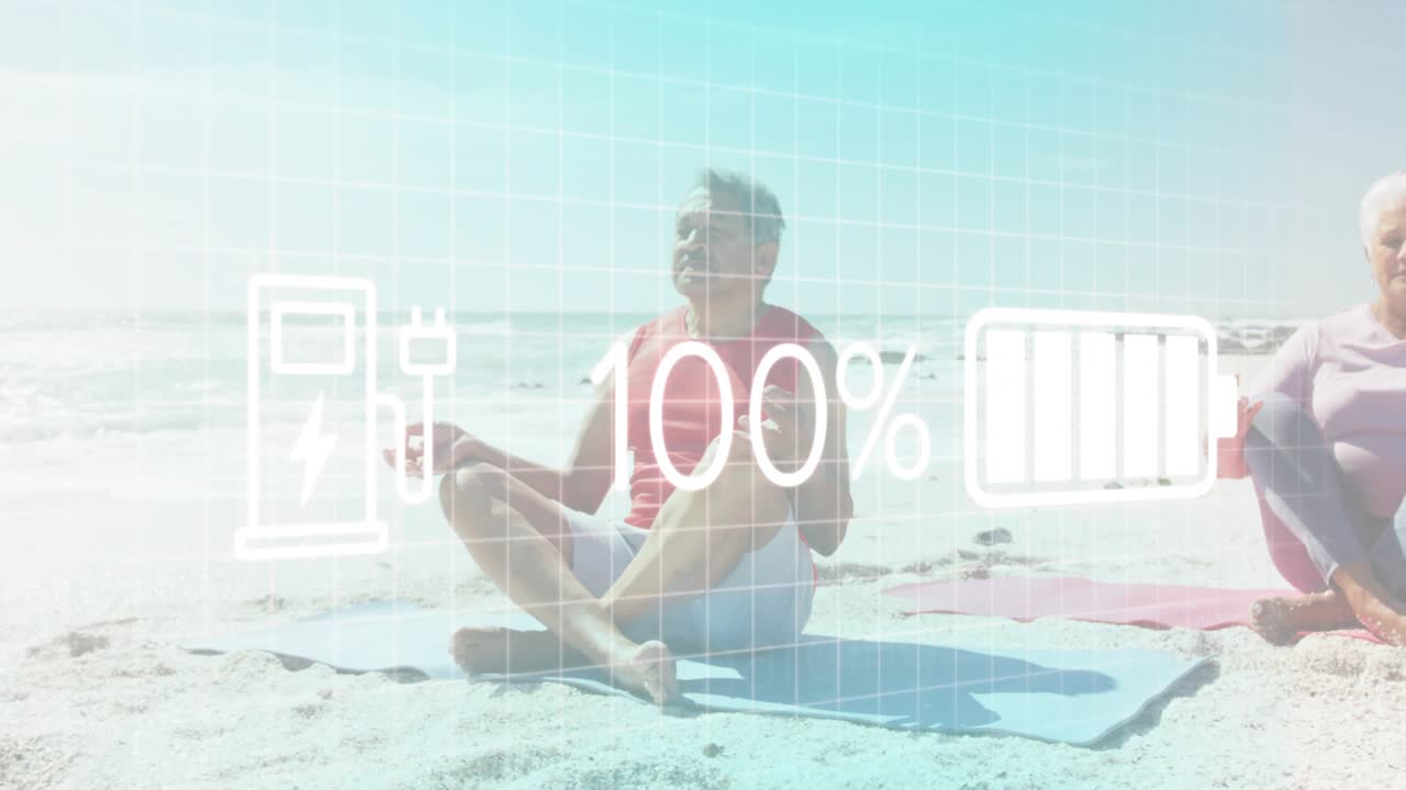 Couple practicing beach yoga starting clear Eco charger overlay showing charge cycling for wellness