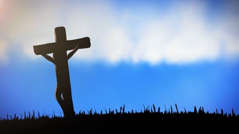 animation of silhouette of christian cross with cloudy sky in background