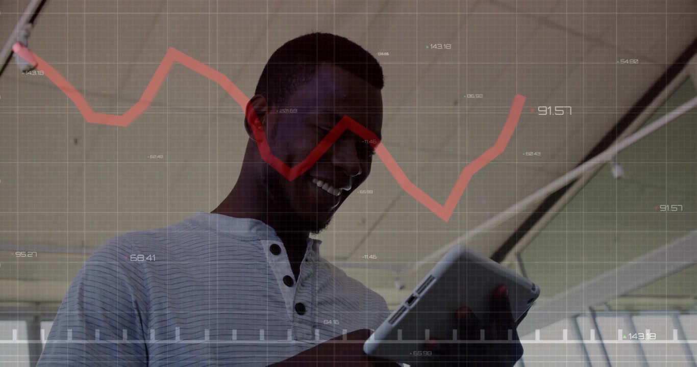 Animation of financial data processing african american businessman using tablet