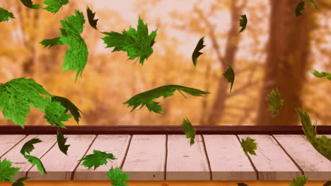 Animation-of-leaves-blowing-over-wooden-table-top-and-trees-in-autumn-forest