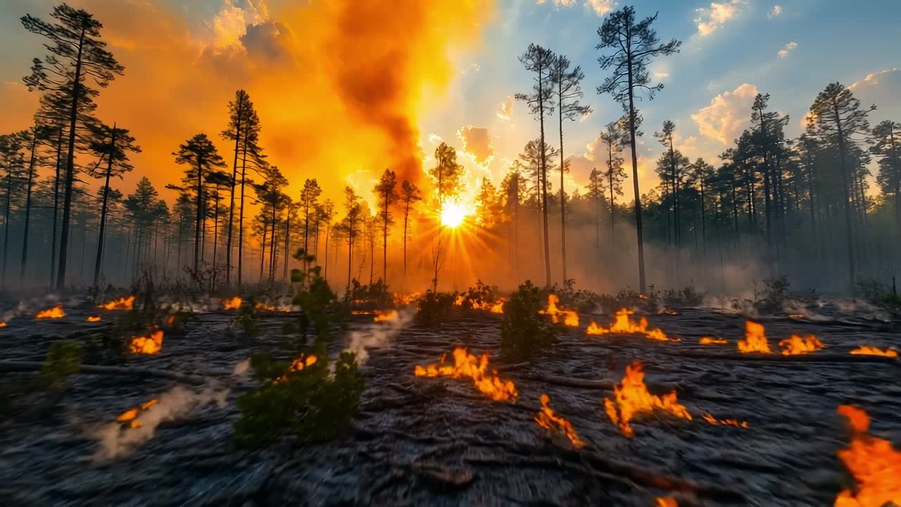 Fire lights up sunset sky. Flames consume trees as the sun sets behind smoke-filled skies, creating a dramatic contrast in the landscape.
