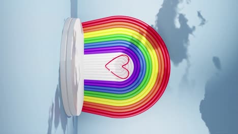 rainbow arch with heart on pedestal and moving cloud background, 3d illustration