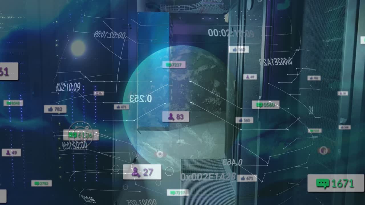 animación de iconos de redes sociales, globo giratorio y procesamiento de datos contra la sala de servidores de computadoras