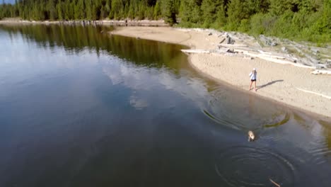 Woman-playing-with-her-dog-near-river-coast-on-a-sunny-day-4K-4k