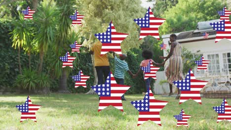 Animation-of-stars-with-flag-of-united-states-of-america-waving-over-smiling-african-american-family