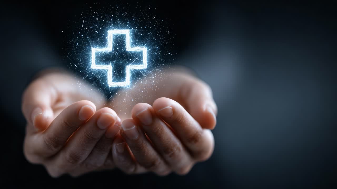 Un simbolo di guarigione e speranza: la croce illuminata tra le mani rappresenta compassione e cura nella medicina e nel benessere, sottolineando l'importanza del supporto e delle energie curative.