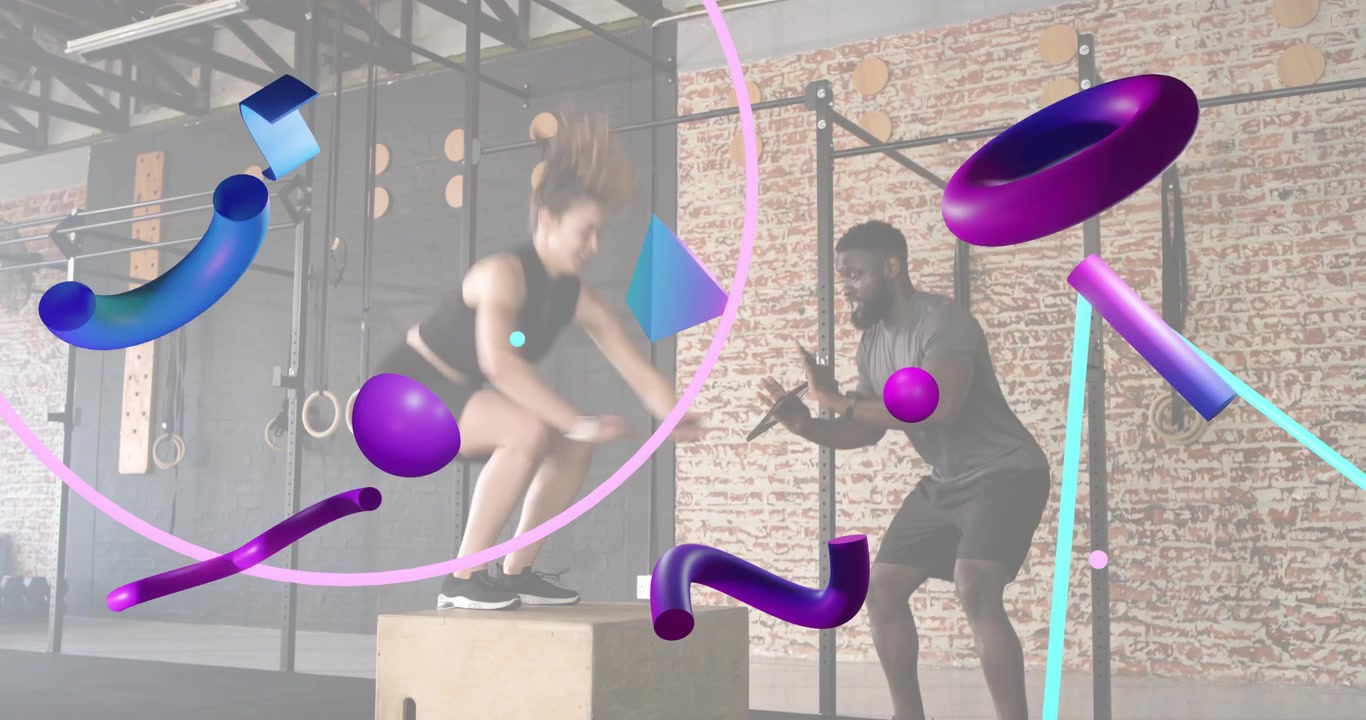 Allenatore che tocca un tablet per il conto alla rovescia di un esercizio in palestra, mentre un atleta esegue box jumps con forme viola che vorticano.