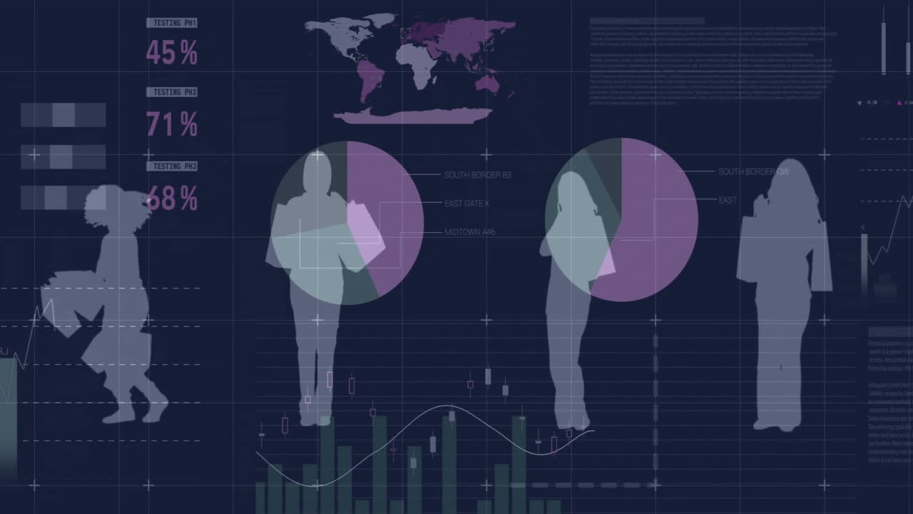 Business analytics animation over silhouettes of people with charts and graphs