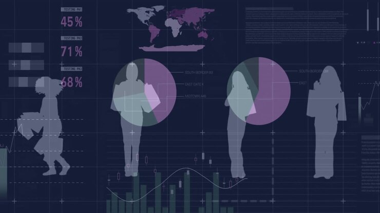 Business analytics animation over silhouettes of people with charts and graphs