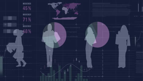 business analytics animation over silhouettes of people with charts and graphs