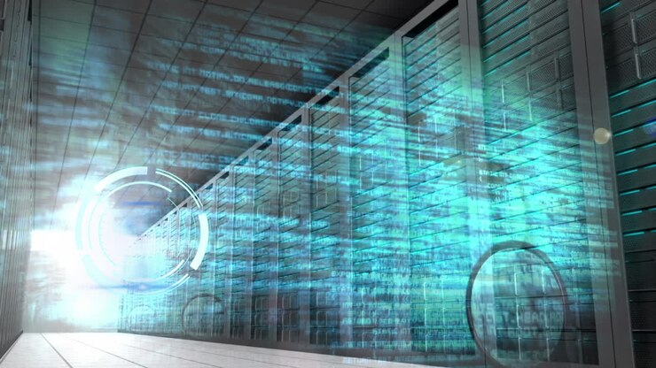 Animation of data processing and hand with magnifier over server room