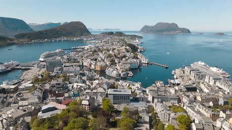 bird's eye view of alesund port town on the west coast of norway, at the entrance to the geirangerfjord