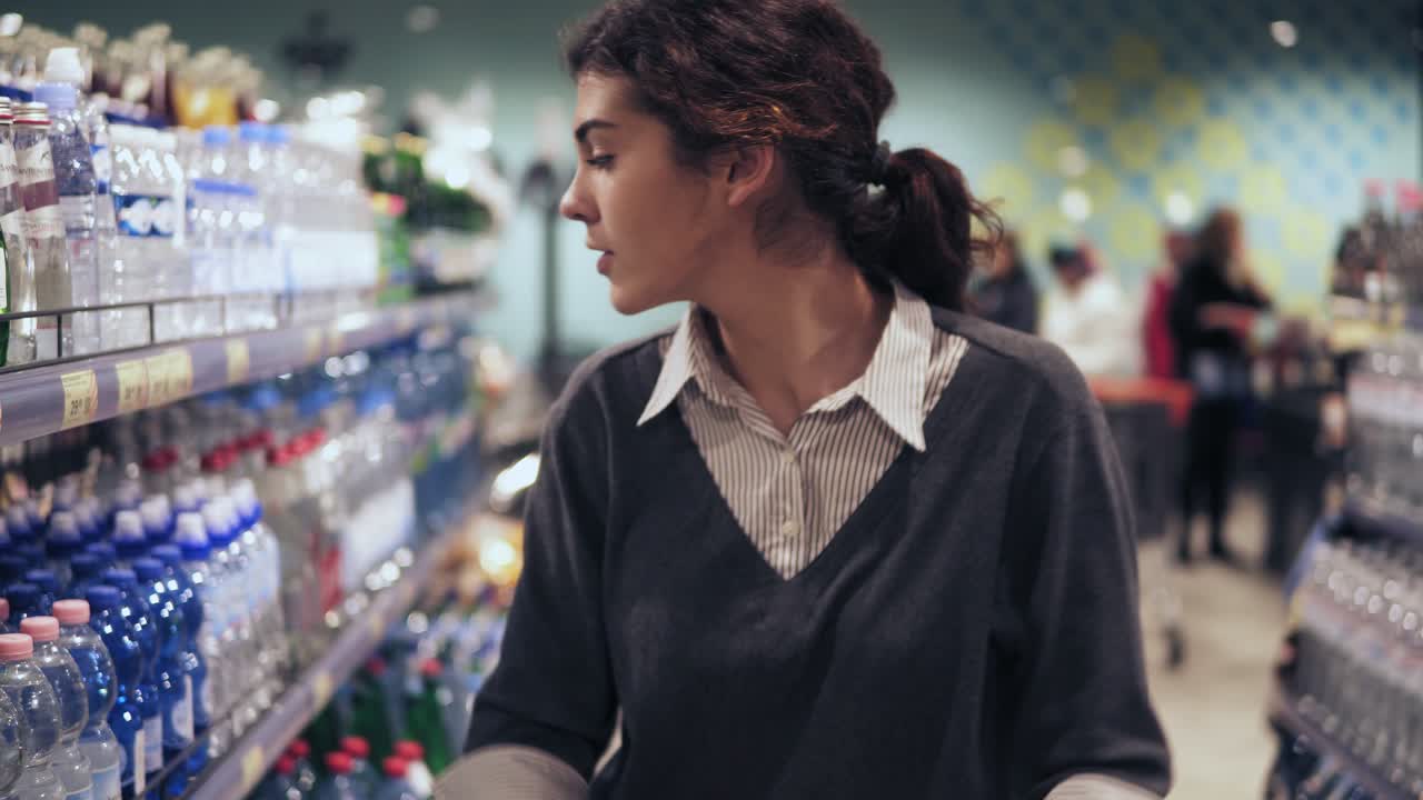 Young beautiful brunette girl in her 20's looking carefully at water bottle lable trying to decide which one to buy. Shopping in a grocery store