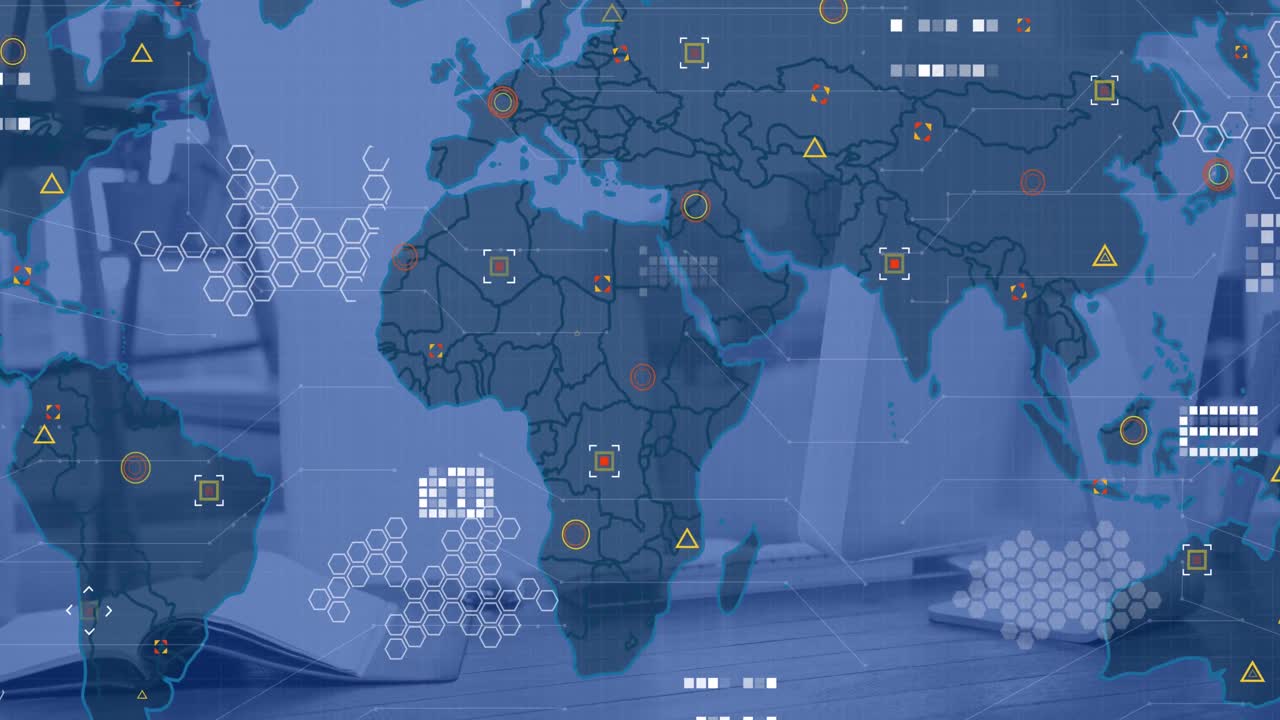 Animation of world map with network of connections over office desk with computer