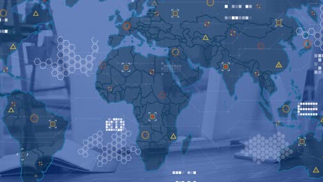 animation of world map with network of connections over office desk with computer
