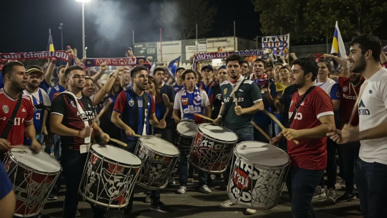 Energetic Fans Unite in Celebration: A Vibrant Rally of Drummers and Supporters Create an Electrifying Atmosphere at Nighttime Event