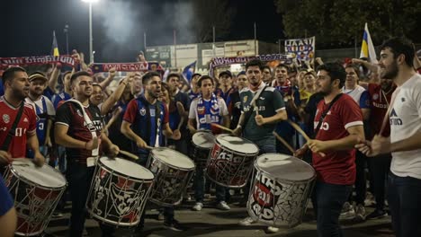 energetic fans unite in celebration: a vibrant rally of drummers and supporters create an electrifying atmosphere at nighttime event