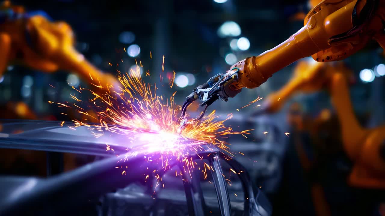 Automated Welding Process in a Manufacturing Environment with Robotic Arms Carrying Out Precision Tasks and Generating Sparks During Assembly Operations