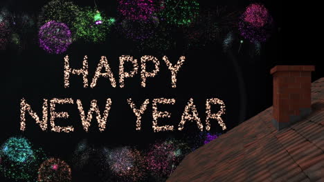 animación de fuegos artificiales explotando y feliz texto de año nuevo sobre el techo y la chimenea