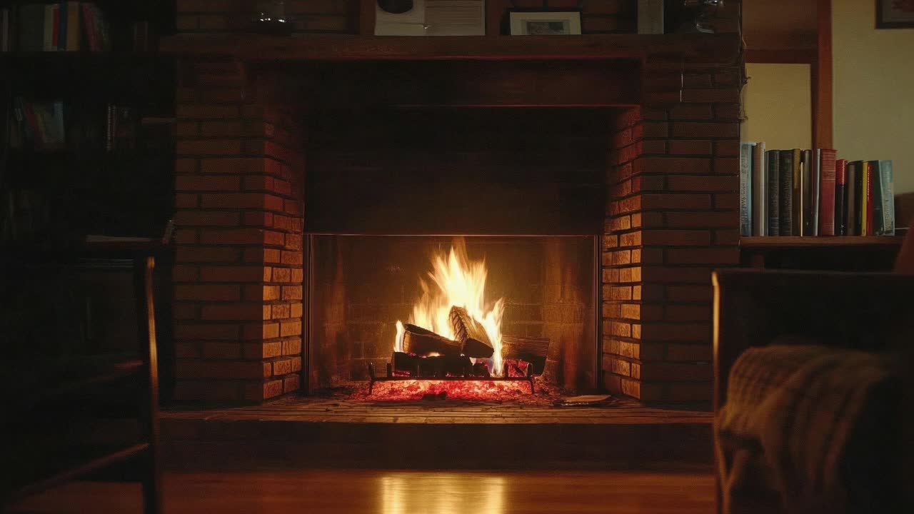Cozy fireplace scene captured at eye level, showcasing a warm, inviting atmosphere