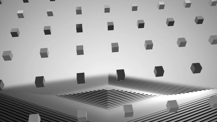 Animation of 3d grey cubes over moving grey square surface and grey background