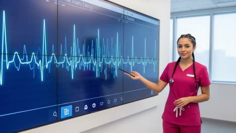 healthcare professional demonstrating vital signs monitoring technology with ecg screen in modern medical setting