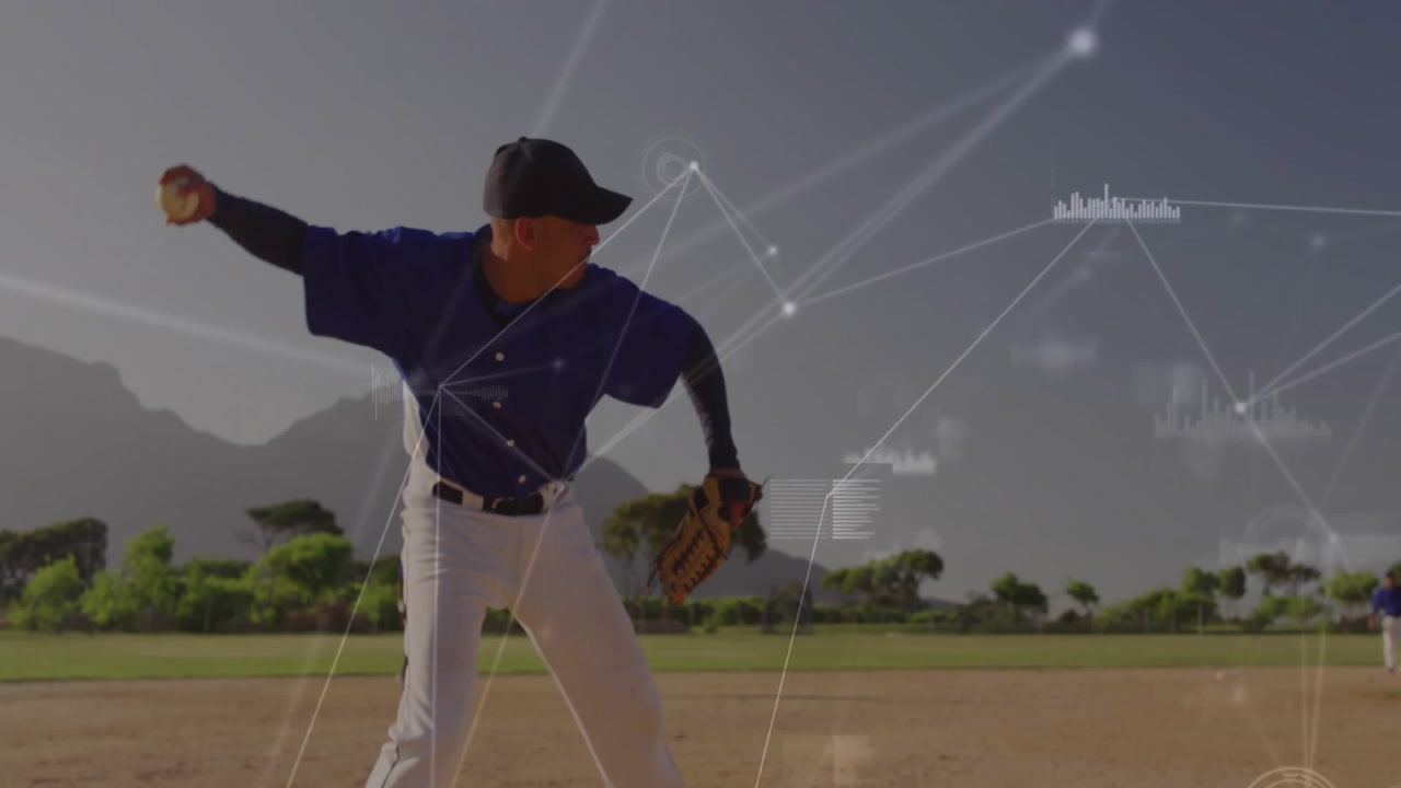 Baseball infielder fielding bouncer and throwing toward first baseman for out amid network overlay