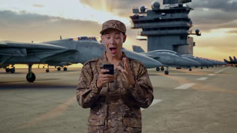excited soldier on aircraft carrier