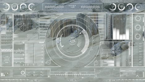 Futuristic data interface animation over urban street scene with people walking