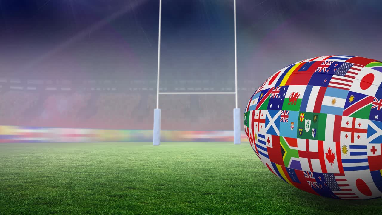 Animazione di tribune vuote con una palla da rugby e bandiere nazionali sul campo in uno stadio sportivo
