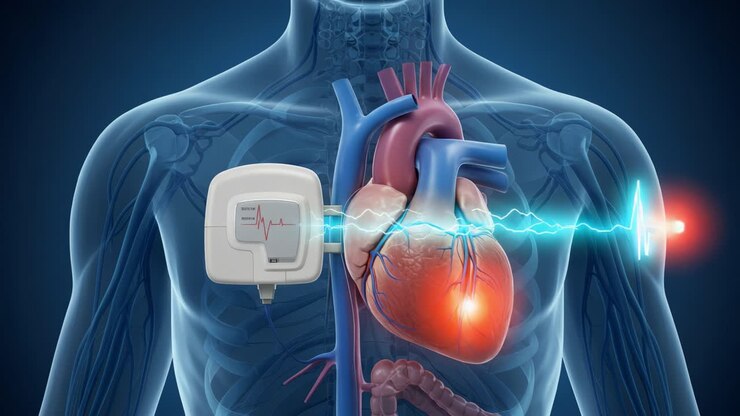 A Detailed Visualization of a Human Heart and Monitoring Device Showcasing Cardiac Function and Health Indicators in Medical Illustration