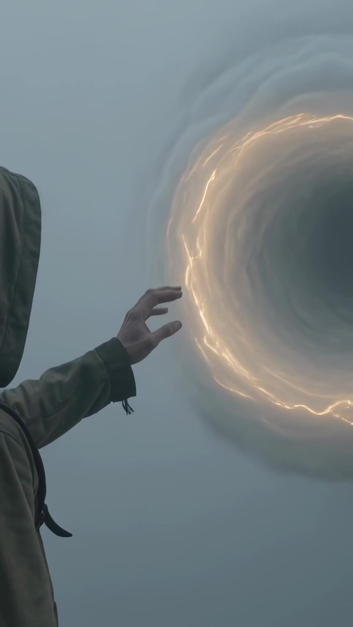 Video verticale: Vedendo un vortice, uomo incappucciato che tasta il bordo con la mano nella nebbia con archi, spazio per il testo.