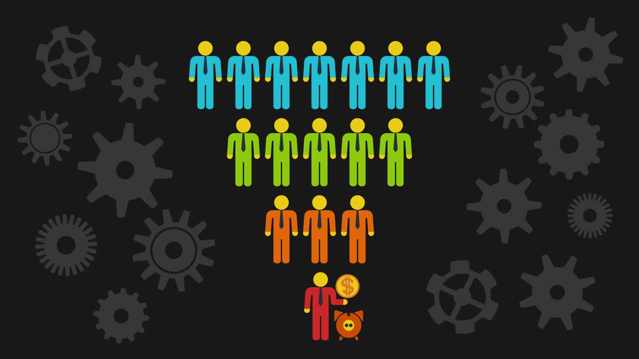 Marketing Funnel Sales Diagram with people and cogs. Cartoon flat animation in 4K on black background. Conversion Funnel Sale Chart