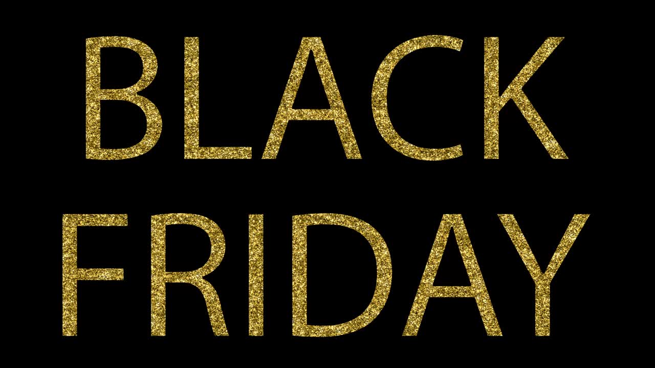 빈티지 노란색 금 금속 반이는 검은색 프라이데이 단어 텍스트, 알파 채널과 함께 검은색 배경에 빛 반사, 황금 고급 온라인 쇼핑 판매 비즈니스 배너 표지